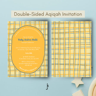 Invitación Doble Cara Amarillo Brillante Cuadros Dibujado a M