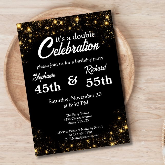 Invitación Doble celebración conjunta cumpleaños dorado negro (Subido por el creador)