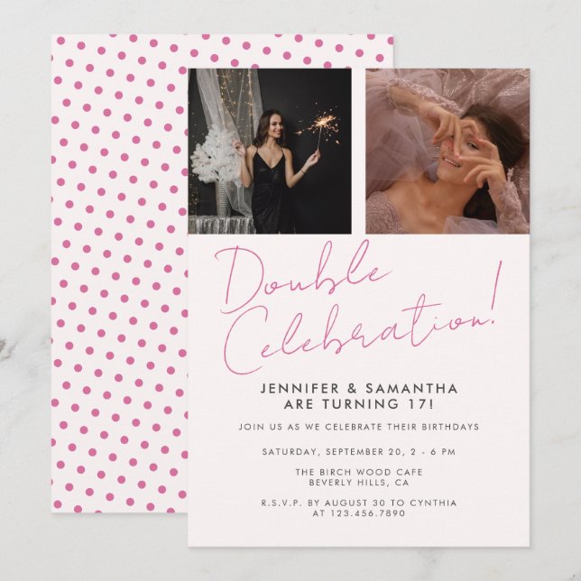 Invitación Doble celebración de cumpleaños, foto de chica ros (Anverso / Reverso)