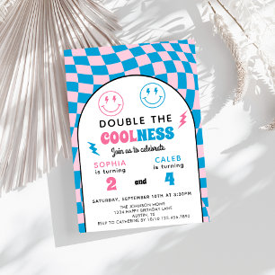 Invitación Doble Celebración Retro Niño Niña Cumpleaños Compa