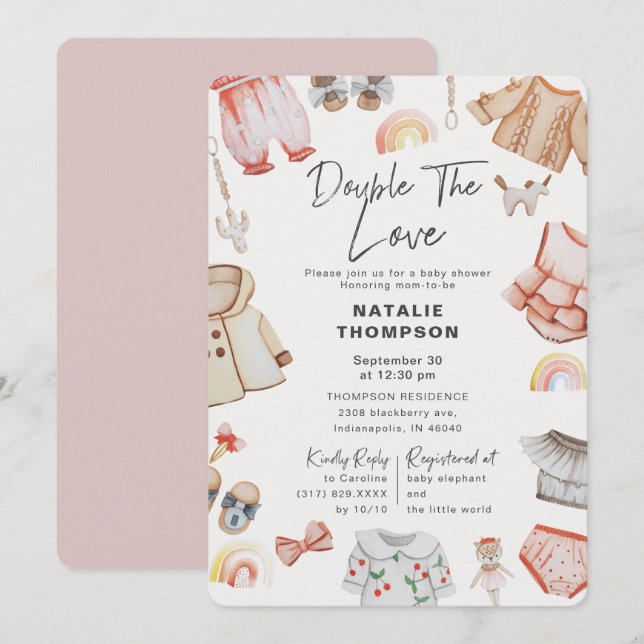 Invitación Doble Chica de amor gemelos rosado Baby Shower (Anverso / Reverso)