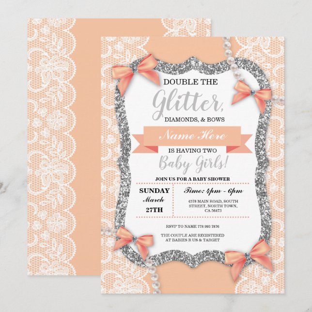 Invitación Doble Chica de Purpurina de encaje Baby Shower (Anverso / Reverso)