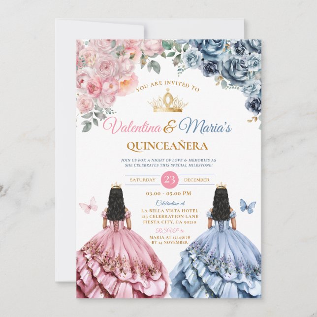 Invitación Doble Chica Vestido Quinceañera 15 Anos Flores Oro