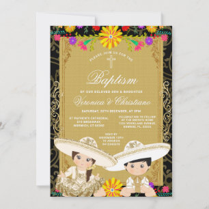 Invitación Doble Cruz Floral Colorida Bautizo Mexicano de Oro