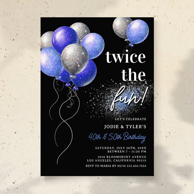Invitación Doble Cumpleaños Azul y Globo de Plata (Subido por el creador)