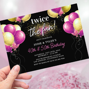 Invitación Doble Cumpleaños con Globo Rosa y Dorado