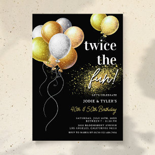 Invitación Doble Cumpleaños Conjunto Globo Negro y Dorado