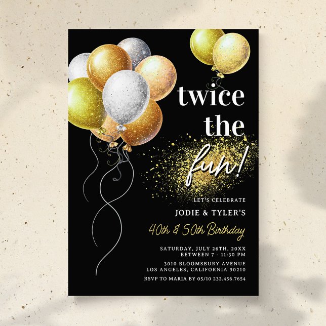 Invitación Doble Cumpleaños Conjunto Globo Negro y Dorado (Subido por el creador)