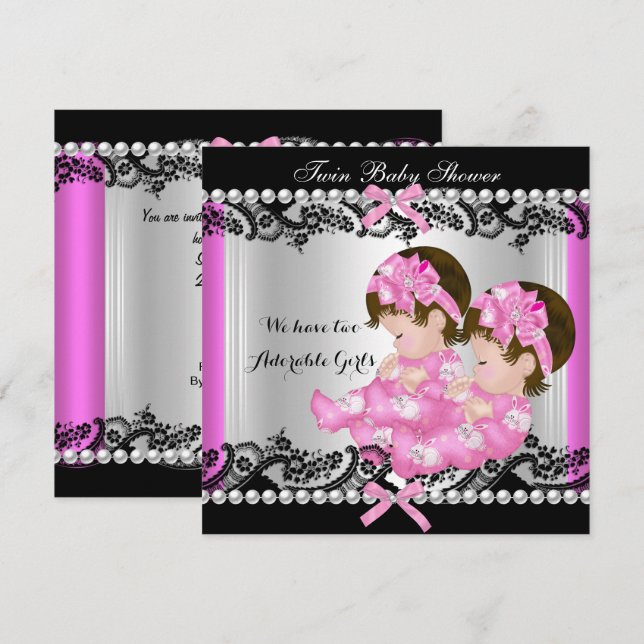 Invitación Doble Cumpleaños de Bebé Niña Rosa Caliente Bebés  (Anverso / Reverso)