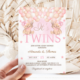 Invitación Doble Cumpleaños de Gemelas con Globos Rosados