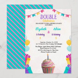 Invitación Doble cumpleaños de niños con colores personalizab