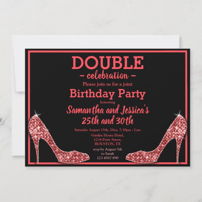 Invitación Doble cumpleaños de Stilettos Rojos Espumosos Purp (Anverso)