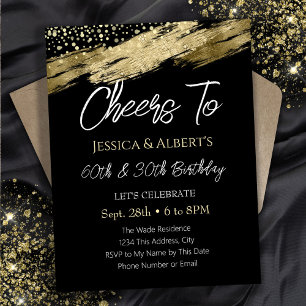 Invitación Doble Cumpleaños Oro y Negro Brindis Por