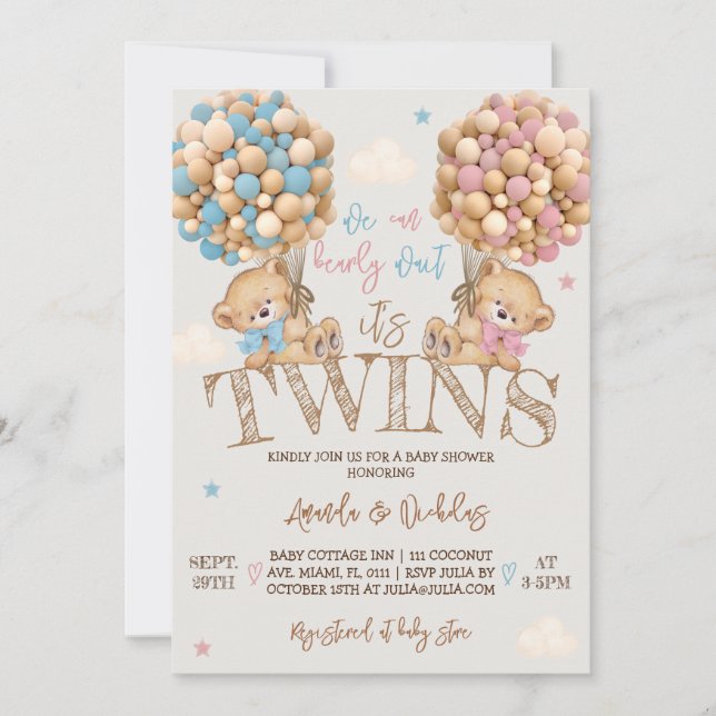 Invitación Doble Cumpleaños Osito Globos Baby Shower  (Anverso)