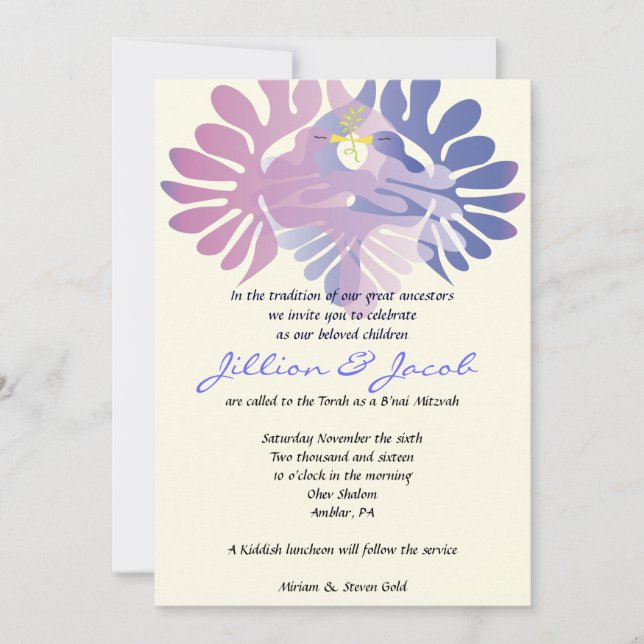 Invitación doble de B'nai Mitzvah de las palomas (Anverso)