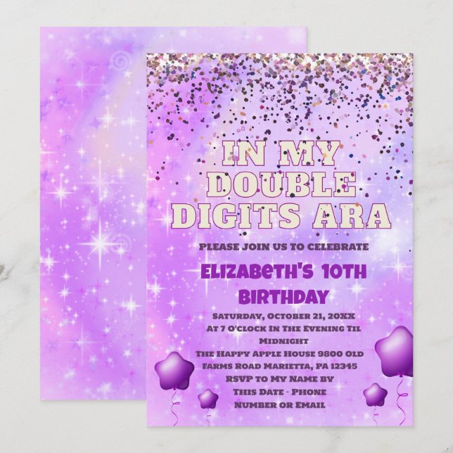 Invitación Doble dígito Purpurina púrpura Cumpleaños con glob (Anverso / Reverso)