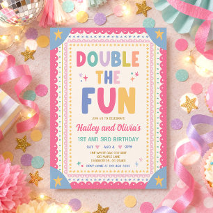 Invitación Doble Diversión Cumpleaños Conjunto Caprichoso Niñ