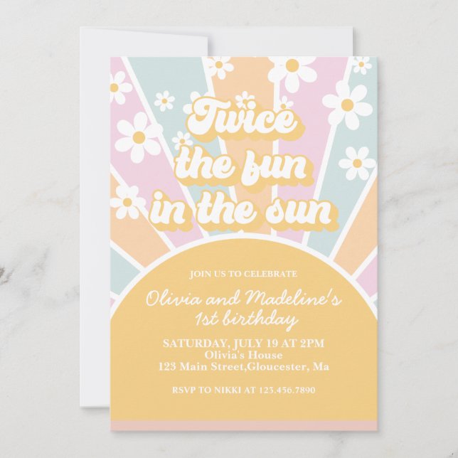 Invitación Doble diversión en el sol cumpleaños boho pastel (Anverso)
