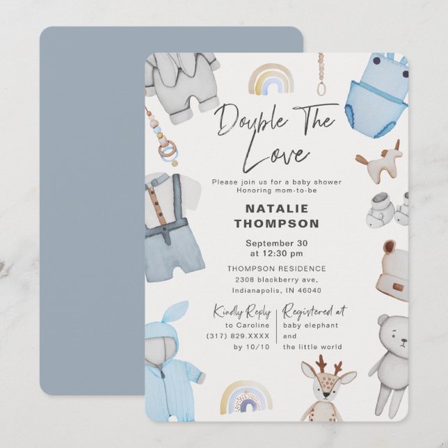Invitación Doble el amor Ropa gemelos Baby Shower (Anverso / Reverso)
