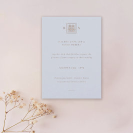 Invitación Doble felicidad Boda chino azul y dorado