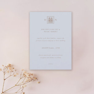 Invitación Doble felicidad Boda chino azul y dorado