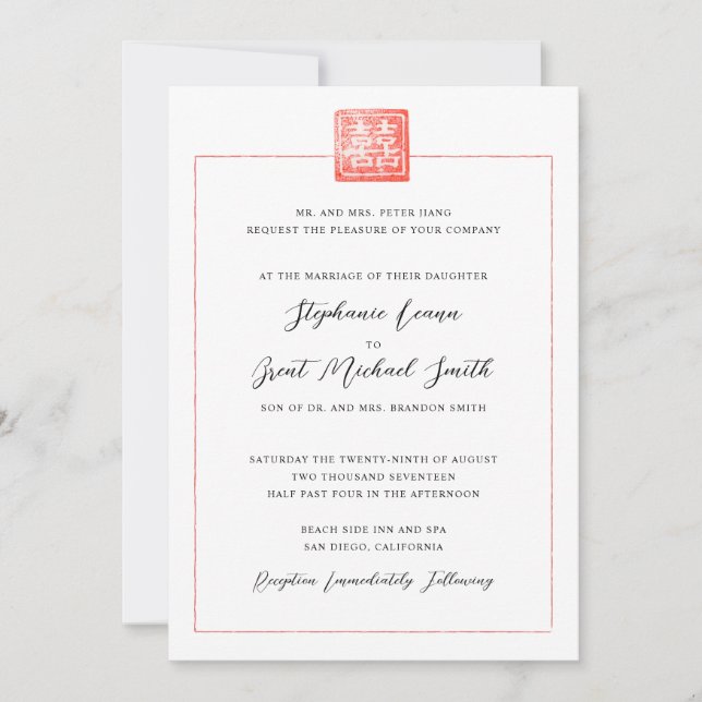 Invitación Doble felicidad Boda chino-estadounidense moderno (Anverso)