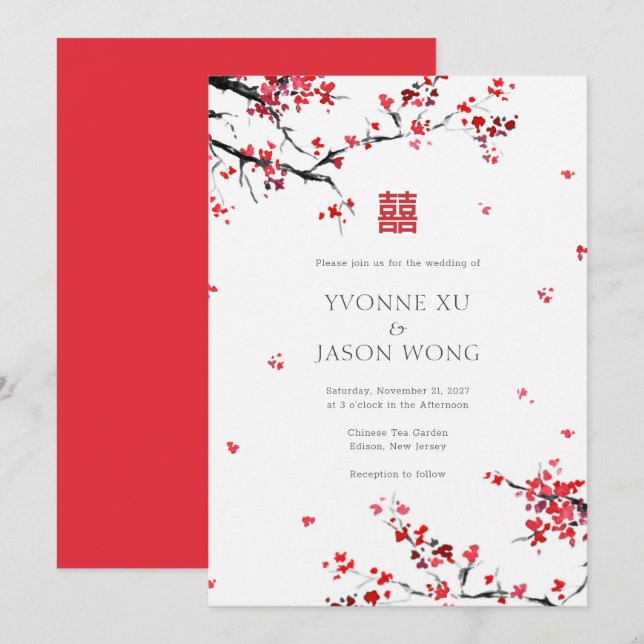 Invitación Doble felicidad Boda elegante roja china (Anverso / Reverso)