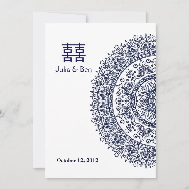 Invitación Doble felicidad de porcelana blanca azul china (Anverso)