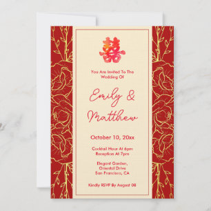 Invitación Doble felicidad floral roja boda chino