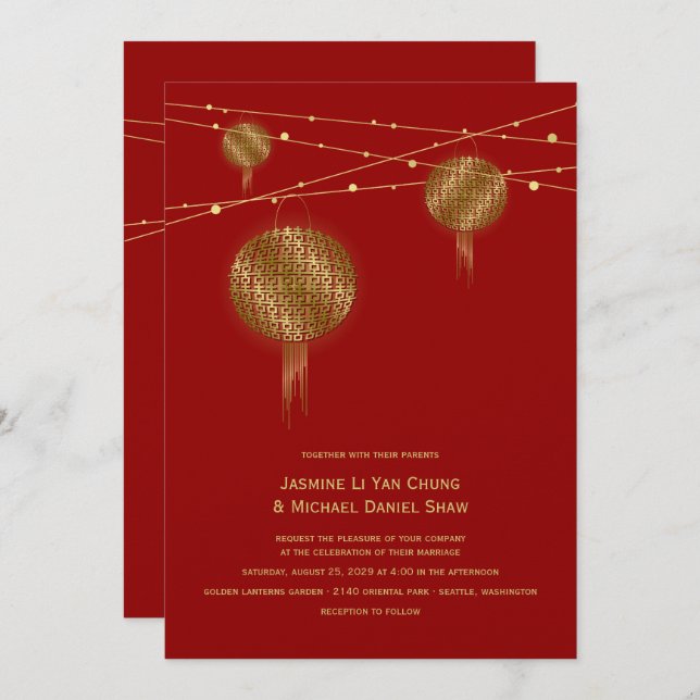 Invitación Doble felicidad Linternas de oro Boda chino (Anverso / Reverso)