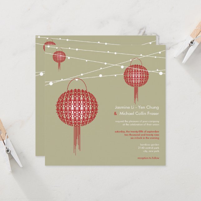 Invitación Doble Felicidad Linternas Rojas Chic Boda China (Anverso/Reverso In Situ)