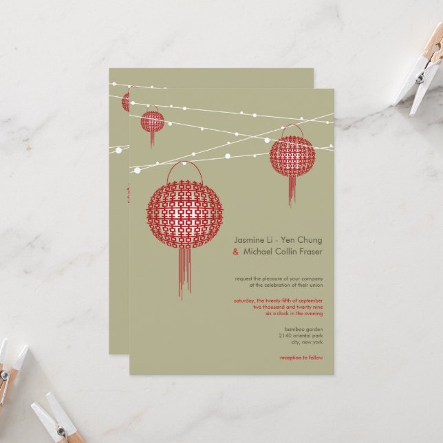 Invitación Doble Felicidad Linternas Rojas Chic Boda China (Anverso/Reverso In Situ)