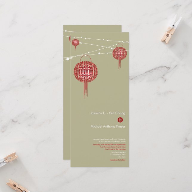 Invitación Doble felicidad Linternas rojas Moda Boda chino (Anverso/Reverso In Situ)