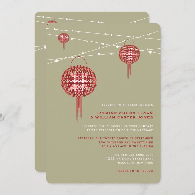 Invitación Doble felicidad Linternas rojas Moda Boda chino (Anverso / Reverso)