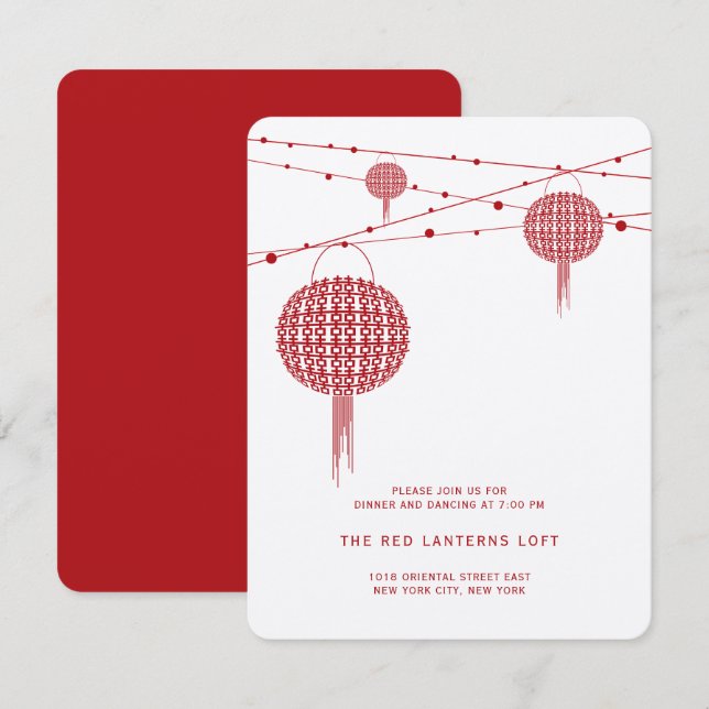 Invitación Doble Felicidad Linternas Rojas Recepción de Boda (Anverso / Reverso)