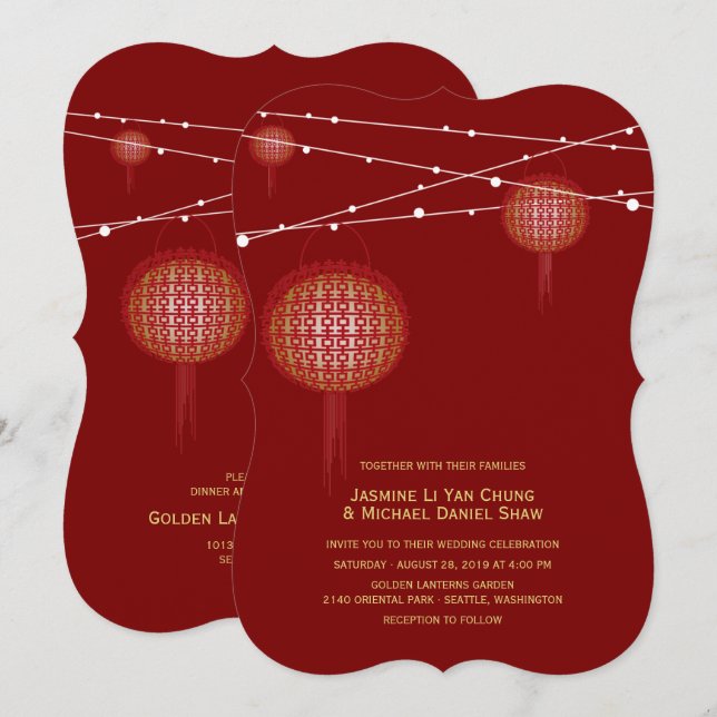Invitación Doble Felicidad Luces de Linterna Chinas Boda (Anverso / Reverso)