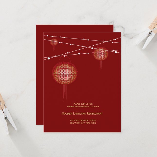 Invitación Doble Felicidad Luces de Linterna Chinas Boda (Anverso/Reverso In Situ)