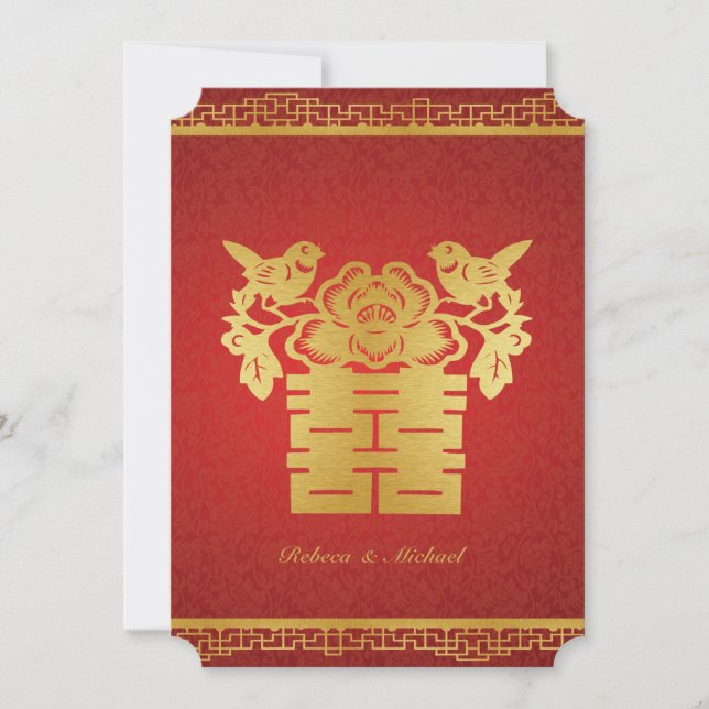 Invitación Doble felicidad matrimonio con tema chino invita (Anverso)