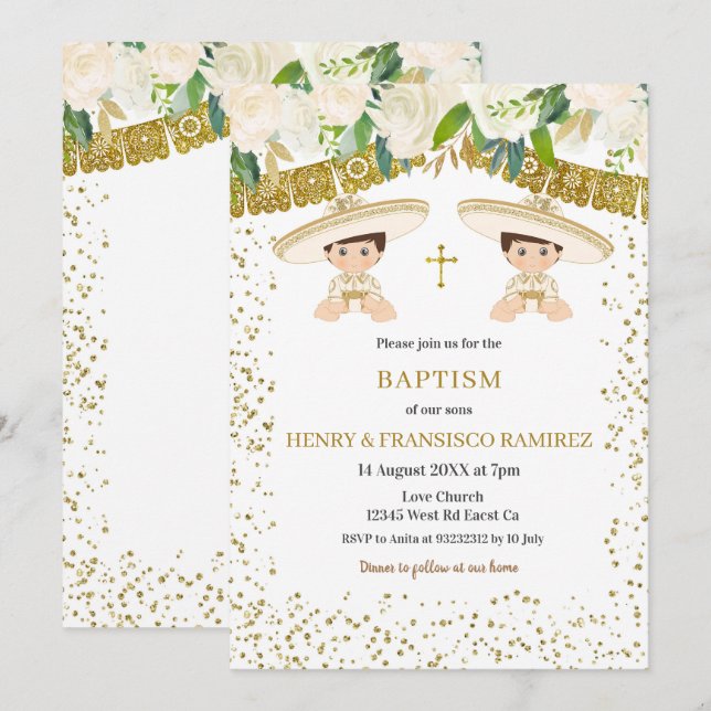 Invitación Doble Fiesta de Oro Floral Niño Baptismo Christeni (Anverso / Reverso)