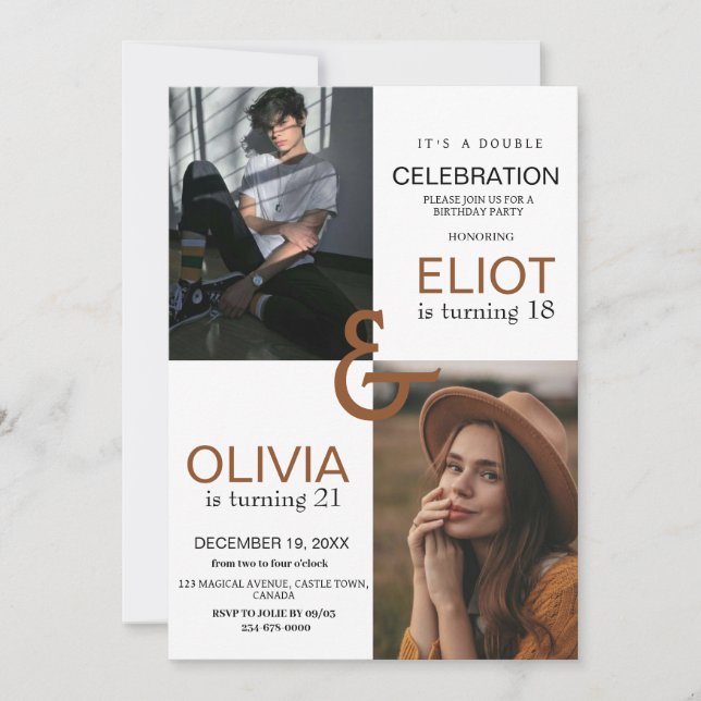 Invitación Doble foto cumpleaños blanco moderno negro (Anverso)