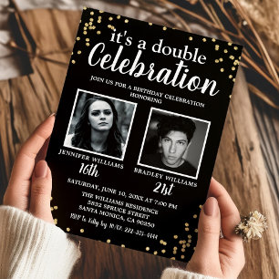 Invitación Doble Foto Cumpleaños Negro Oro