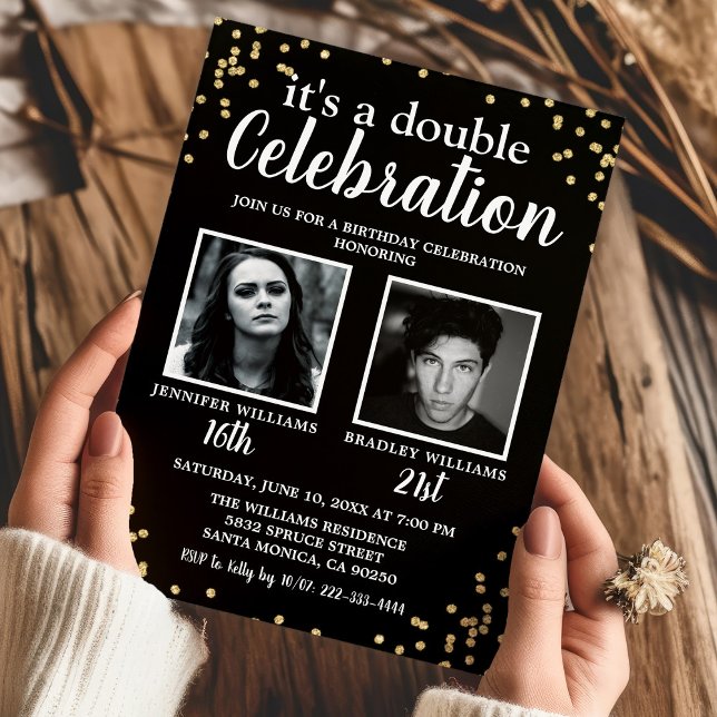 Invitación Doble foto de cumpleaños dorado negro (Subido por el creador)