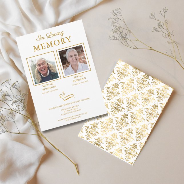 Invitación Doble Foto Memorial de Funeral con Letra Dorada (Subido por el creador)