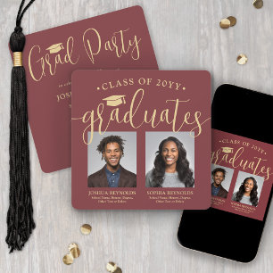 Invitación Doble Graduación 2 Fotos Burgundy y Oro Conjuntos
