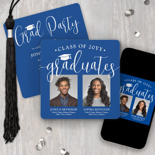 Invitación Doble Graduación 2 Fotos Fiesta Conjunta Azul Real