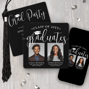 Invitación Doble Graduación 2 Fotos Fiesta Conjunta Blanco Ne