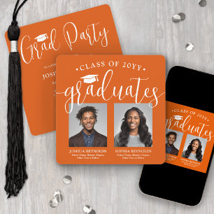 Invitación Doble Graduación 2 Fotos Fiesta Conjunta Naranja