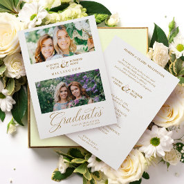 Invitación Doble Graduación Chic Gold 2 Fotos Escritura Moder