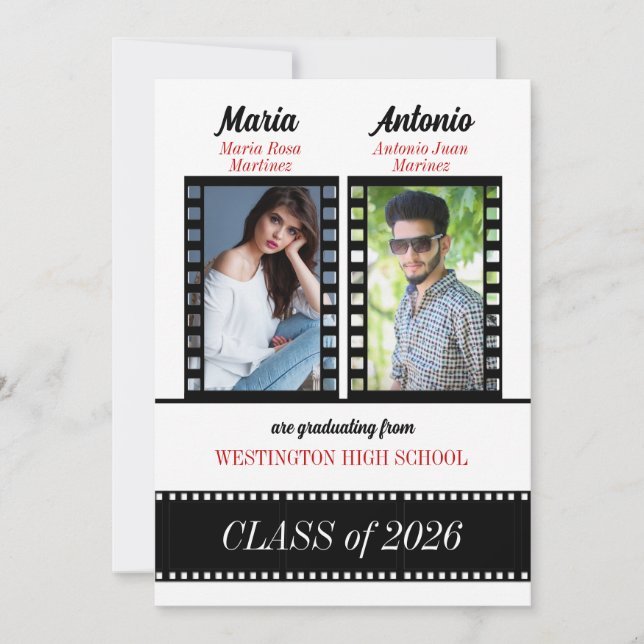 Invitación Doble graduación Clásico Tema de cine Rojo (Anverso)