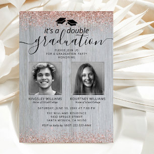 Invitación Doble graduación en foto con Rosa Dorado Rústico